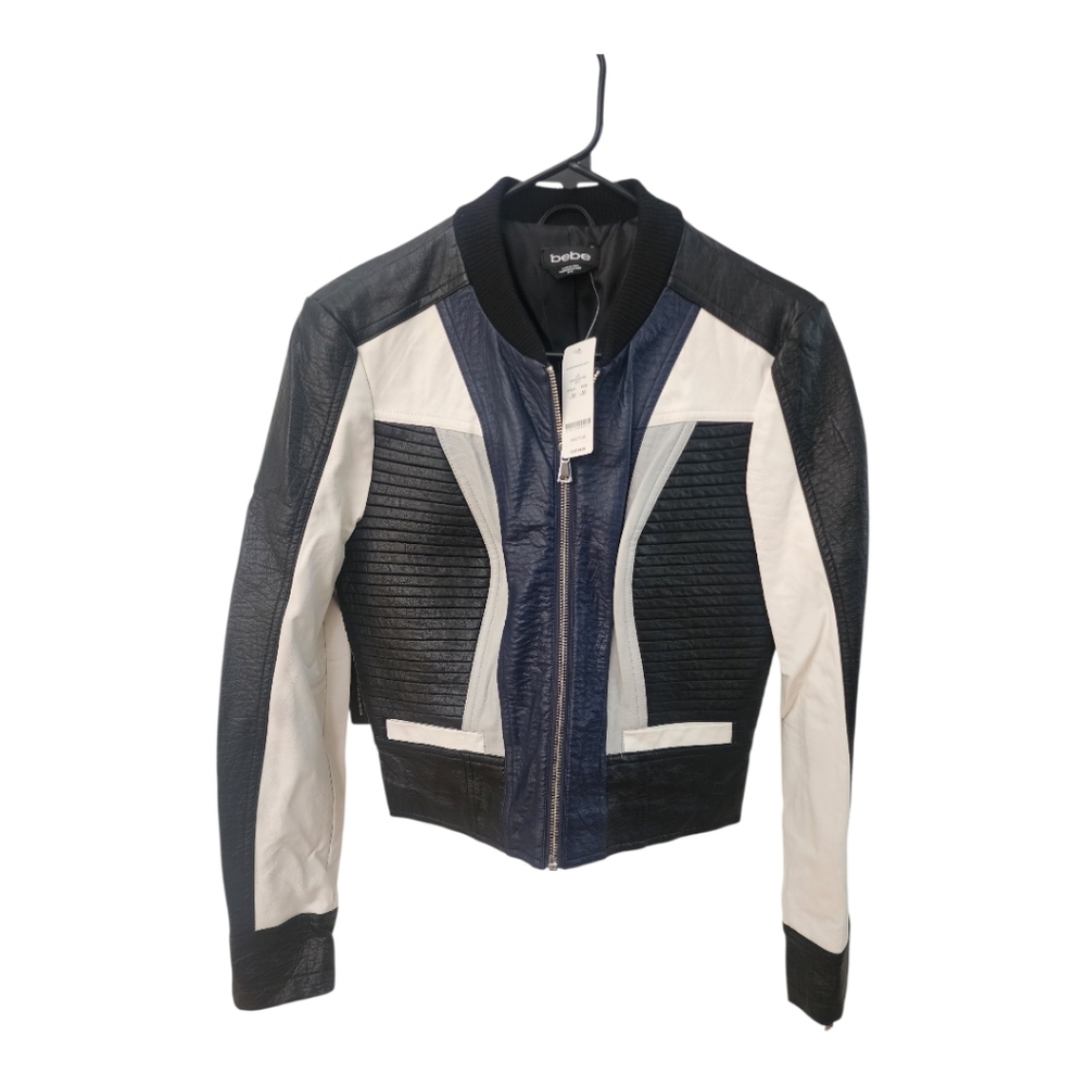 Bebe Women's Black, White, Gray and Navy Bomber Moto Jacket Sz M NWT